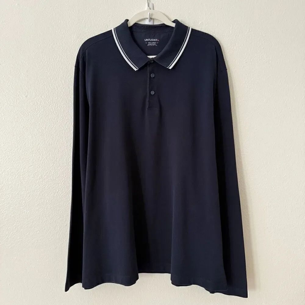 Untuckit Men's Size 3XL XXXL Navy Blue Long Sleeve Polo Shirt 100% Pima Cotton